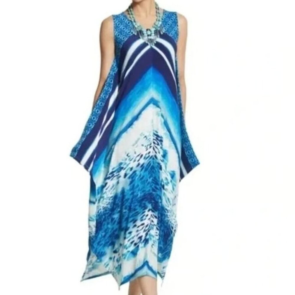 Chicos Womens XL Blue Geometric Sleeveless Stretch‎ Maxi Dress V Neck